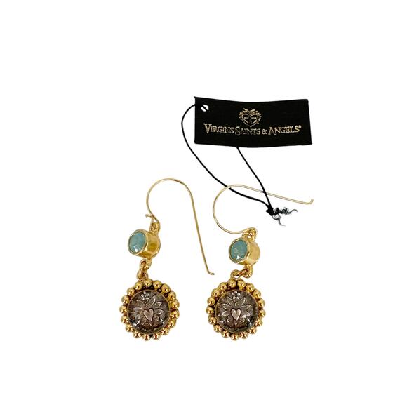 VIRGINS SAINTS & ANGELS VSA Magdalena Sacred Heart Earrings Gold & Pacific Opal - Picture 7 of 8
